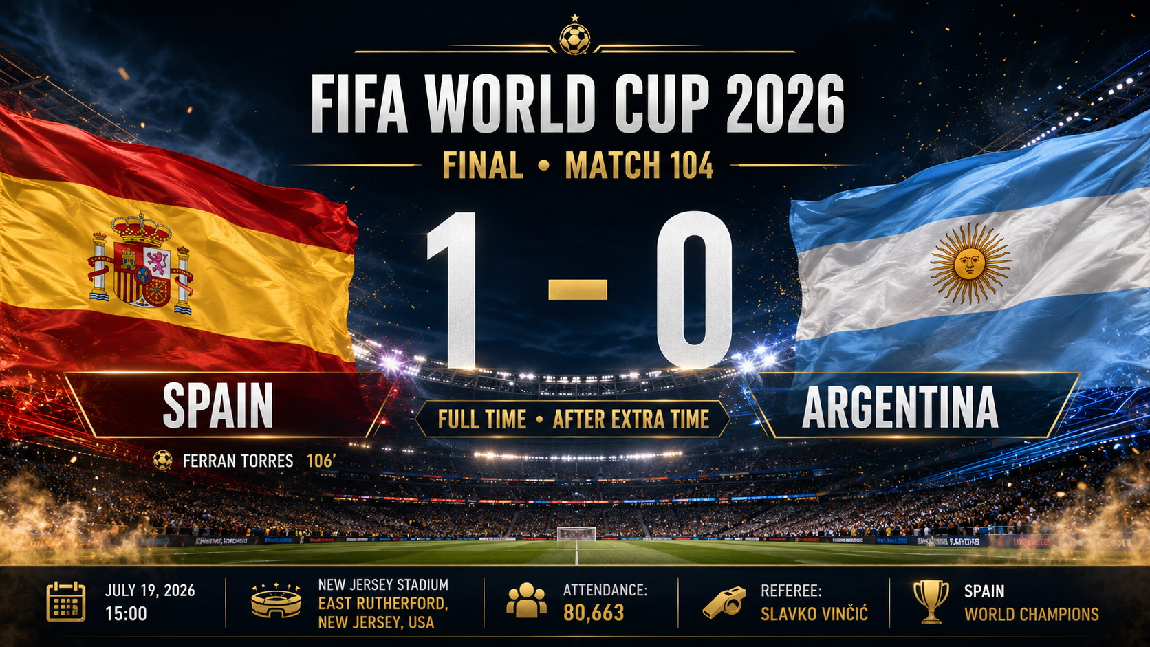 Final • Match 104 - Spain 1-0 Argentina, the ten goals, Hard Rock Stadium, attendance 64,478, and referee Jesús Valenzuela (2)