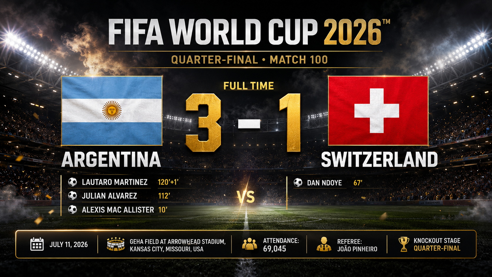 Quarter-final • Match 100 — Argentina 3–1 Switzerland after extra time, GEHA Field at Arrowhead, Kansas City, Missouri, USA, attendance 69,045, and referee João Pinheiro